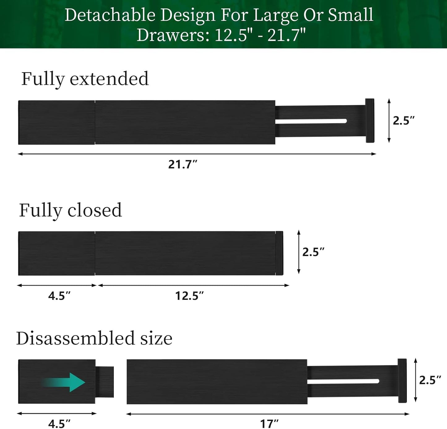 FJO 4 Pack Adjustable Bamboo Drawer Dividers - 12.5" - 21.7" Expandable Drawer Separators for Kitchen, Utensils, Clothes, Bedroom, Dresser, Bathroom (Black)