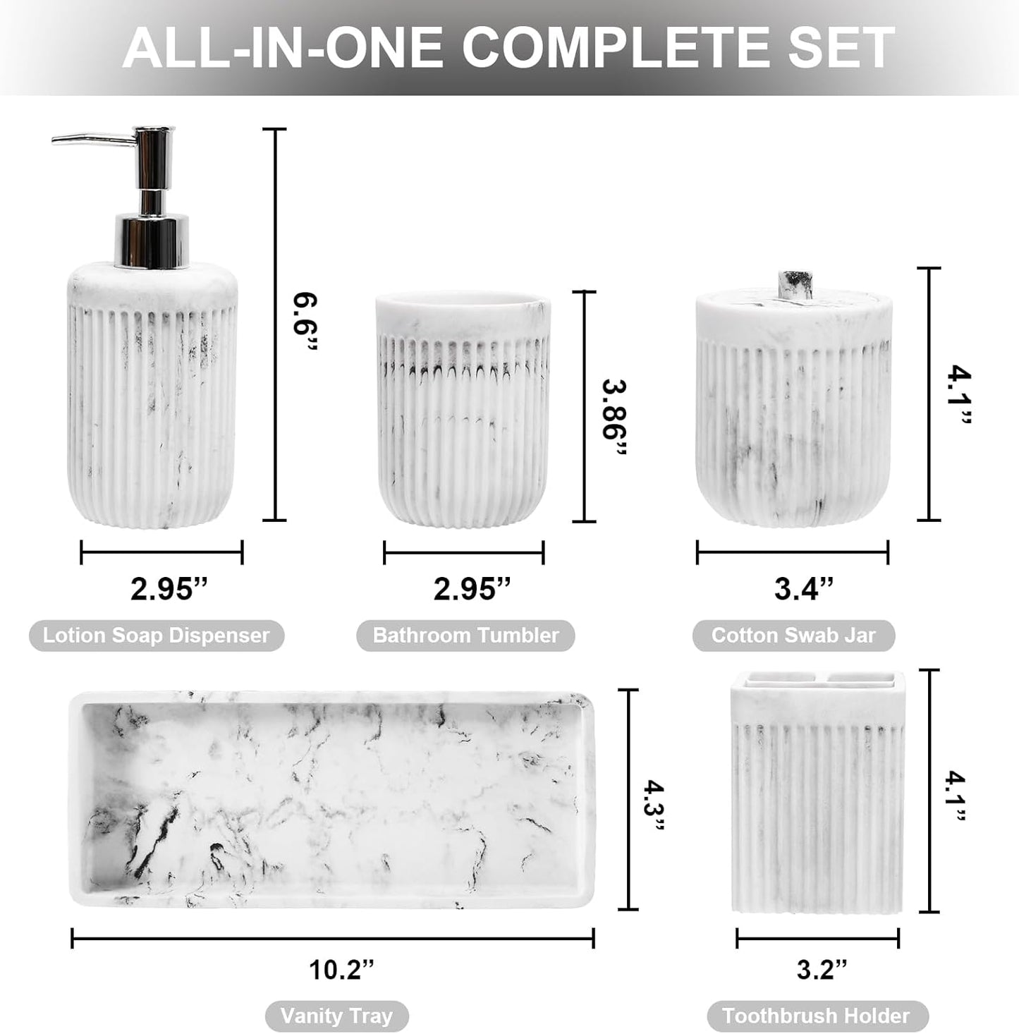 Resin White Marble Bathroom Accessories Set 5 Pcs, Lotion Soap Dispenser, Toothbrush Holder, Bathroom Tumbler, Qtip Holder and Vanity Tray, Bathroom Countertop Organizer Set for Home Apartment