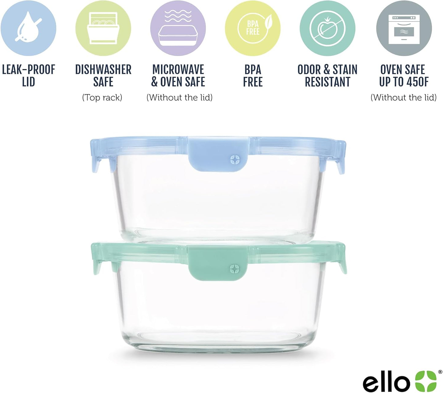 Ello Color Lock 7 Cup 4PC, 2 Pack Glass Meal Prep Sets Leak-Proof Glass Food Storage Containers with Airtight BPA-Free Plastic Lids, Dishwasher, Microwave, and Freezer Safe, Purple Rain