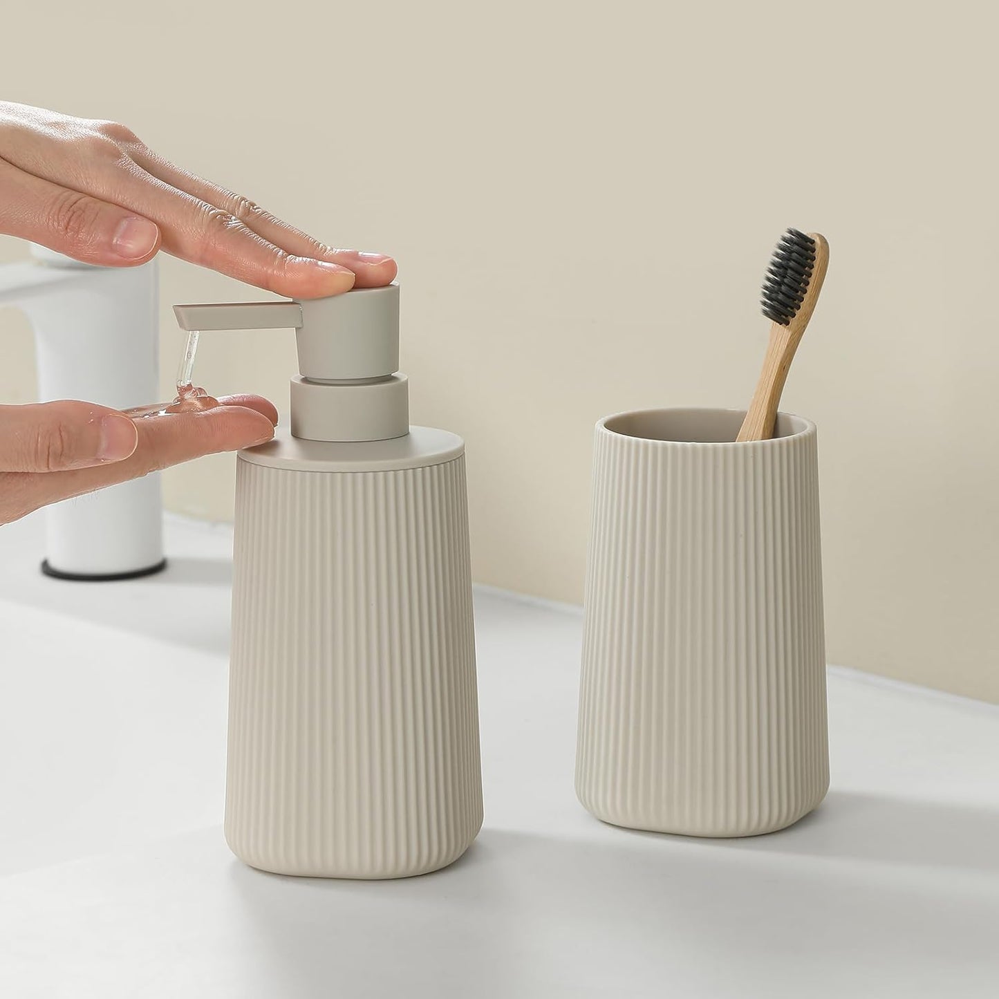 Bathroom Accessories 2 Piece Soap Dispenser and Toothbrush Holder Set Striped Beige