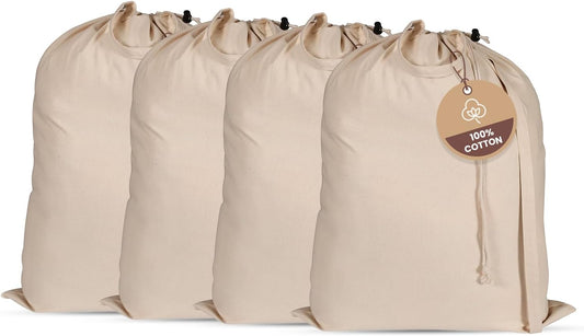LFH Home Large Premium 100% Cotton Canvas Laundry Bag with Drawstring and Handles Heavy Duty, Multi-Use, and Washable for Home, Travel, College or Storage 20x30 (Pack of 4)-Natural
