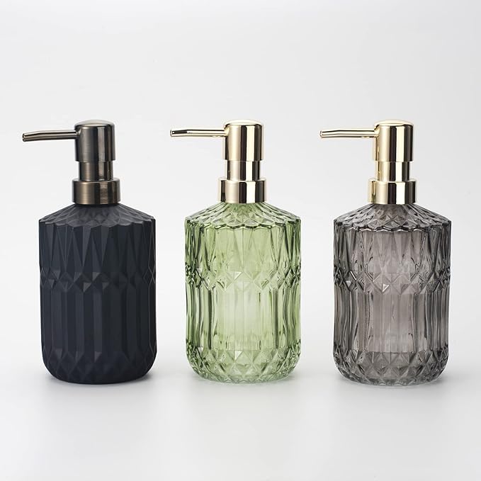 Glass Soap Dispenser 12oz/390ml for Bathroom Kitchen - Hand Soap/Lotion Dispenser With ABS Plastic Pump, Clear Grey