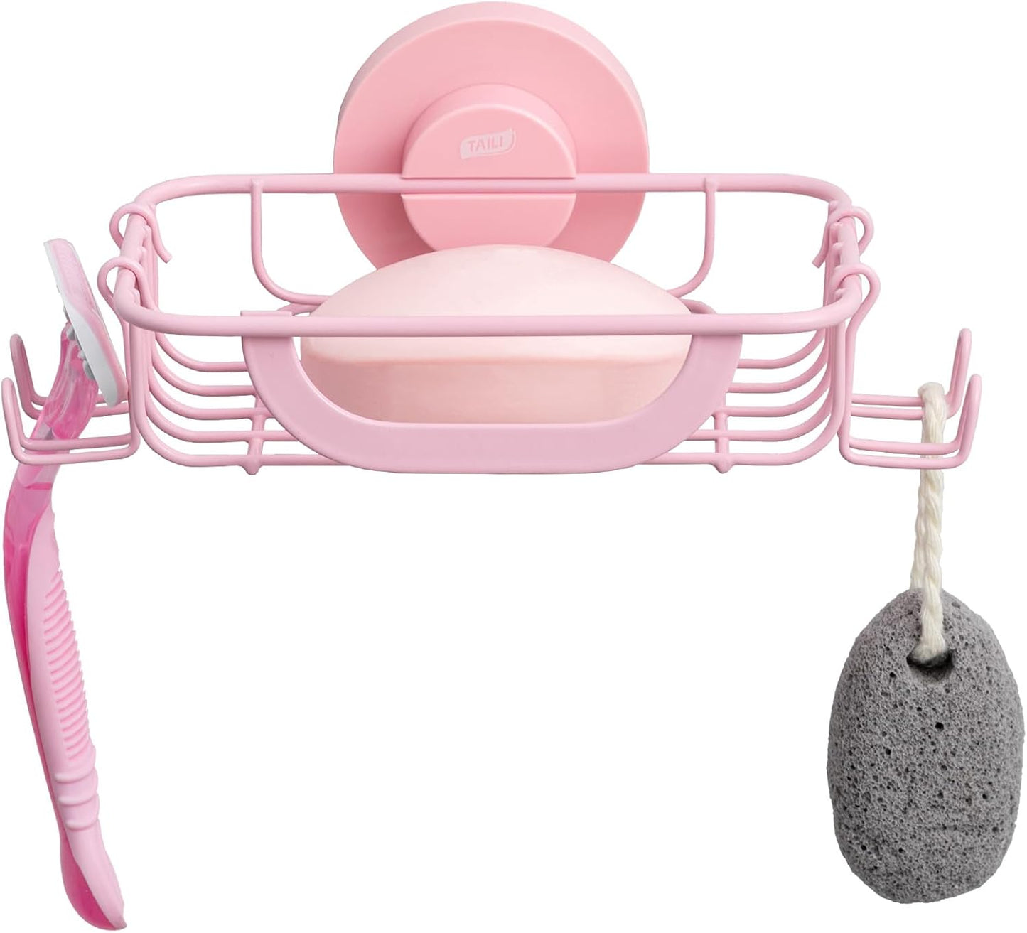 TAILI Soap Bar Holder Dish with Hooks, Shower Soap Tray Saver Suction Cup with Razor Holder for Wall, Rustproof Stainless Steel Bath Shampoo Caddy for Bathroom Accessories Organizer,Pink