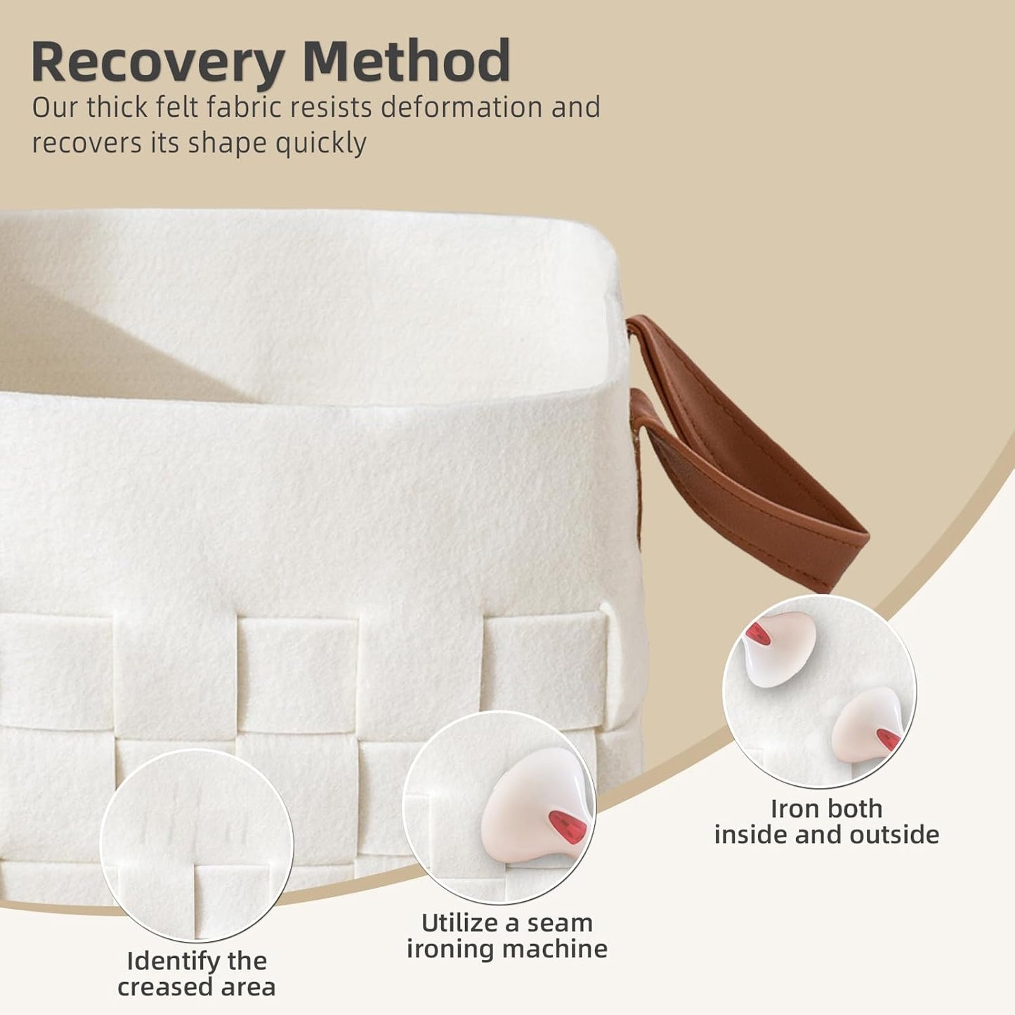 Bold monkey Storage Basket 3 Pack, Medium 10" x10" x10 " Baskets for Shelves with Leather Handle, Cube Felt Fabric Storage Box for Bedroom, Nursery, Living Room - Beige