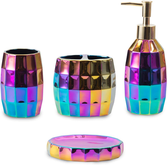 Rainbow Bathroom Accessory Set, Colorful/Gold Mosaic Ceramic Bathroom Accessories Sets Includes Lotion Dispenser, Toothbrush Holder Tumbler, and Soap Dish