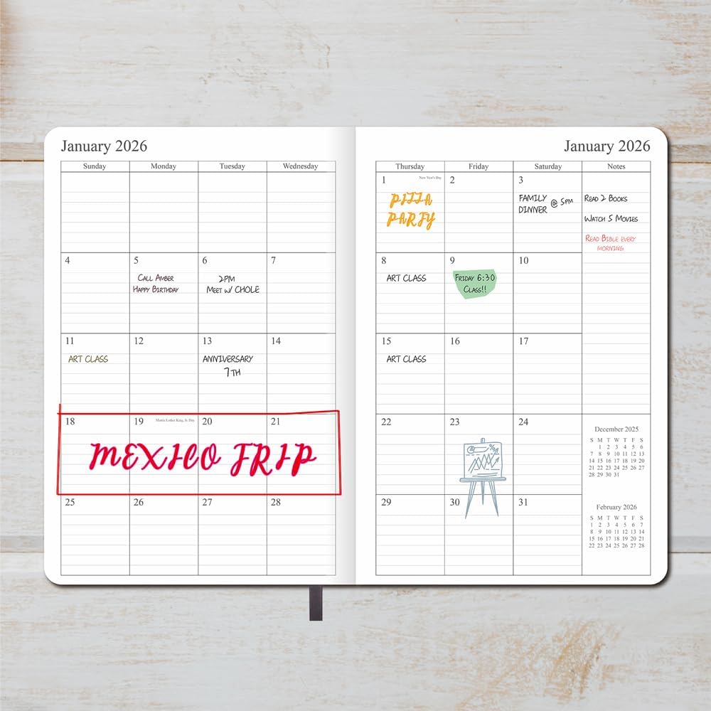 2025-2026 Planner - Weekly and Monthly Planner, Oct 2025 - Dec 2026, Holidays, Contacts and Notes Pages, Vegan Leather Cover, Elastic Closure, 5.5”x8.25”, Grey