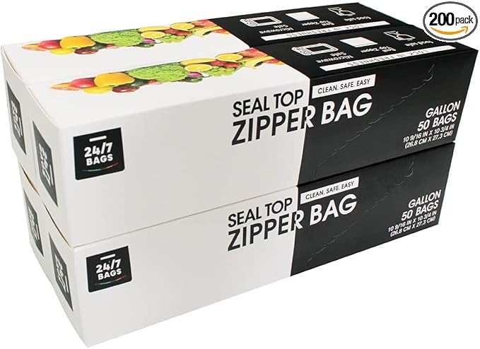 24/7 Bags- Gallon Zip Storage Bags, 200 Count, Double Zipper Seal, Easy Grip Open Tabs, Write-On Space, BPA-Free & Heavy Duty, Microwave Safe, Non-StandUp