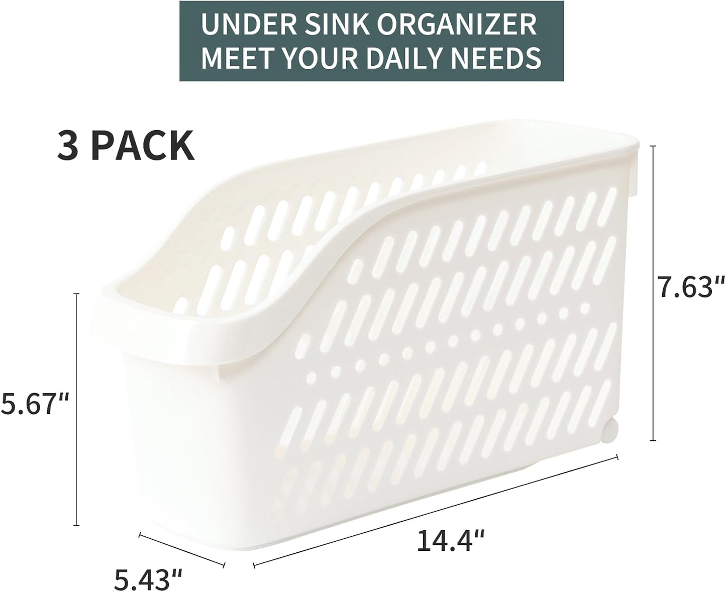 3 Pack Under Sink Organizer with Wheels Pull Out Kitchen Bathroom Cabinet Organizers and Storage Multi-purpose Plastic Organizer Baskets for Cleaning Supplies, Bottles