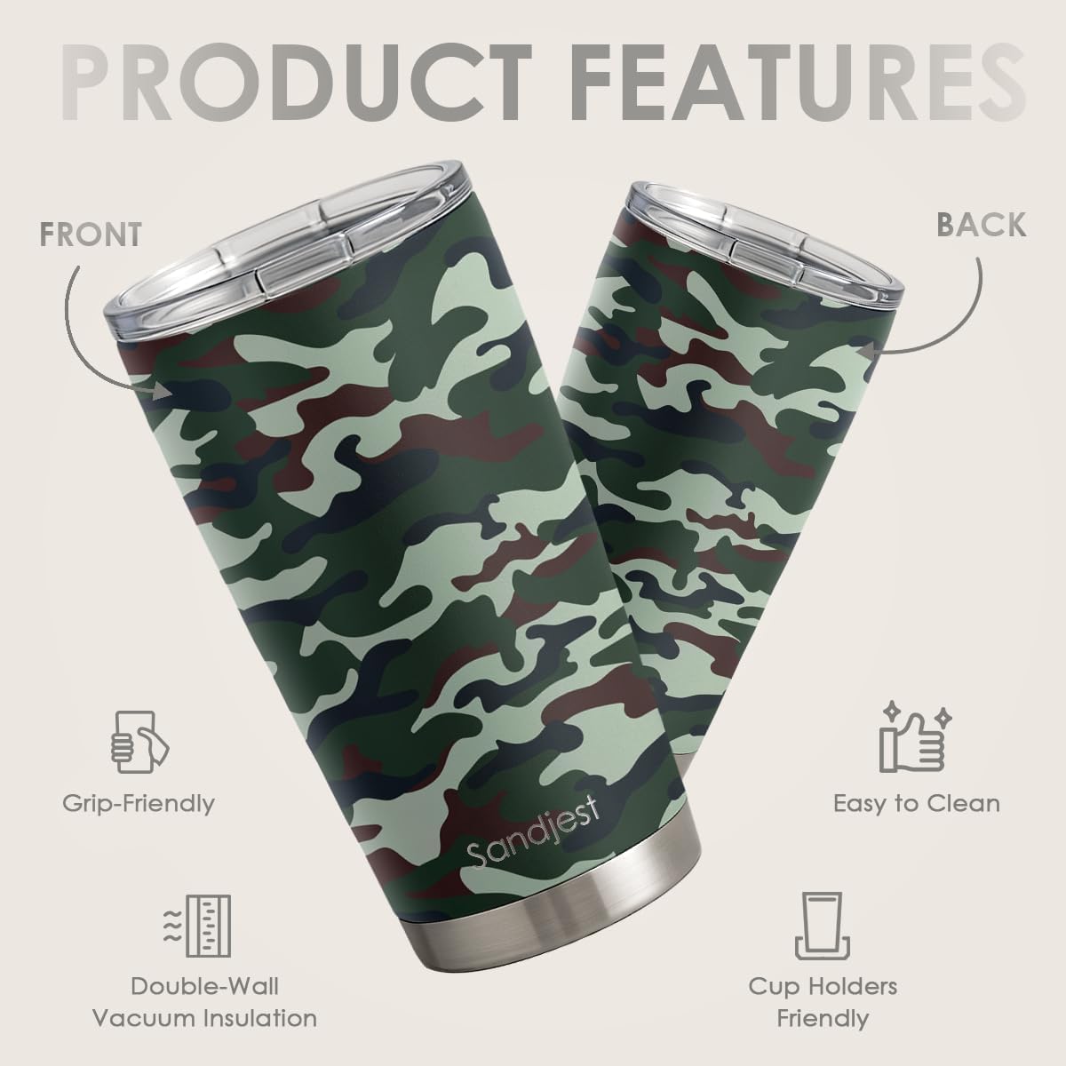 SANDJEST Camo Tumbler 20oz Stainless Steel Double Wall Insulated, Travel Coffee Cup Camouflage Gifts for Men Women, Hunting Lovers, Birthday Christmas