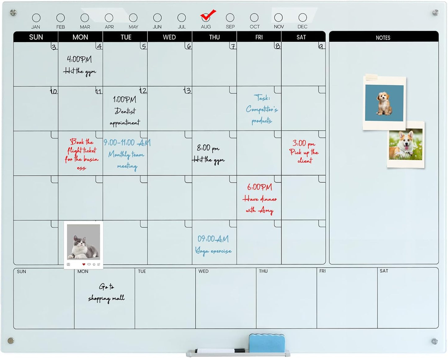 Magnetic Glass Whiteboard Calendar 48"x36" Glass Dry Erase Calender Board 36"x48" Monthly Plan White GlassBoard Wall Mounted for Office School Home (White)