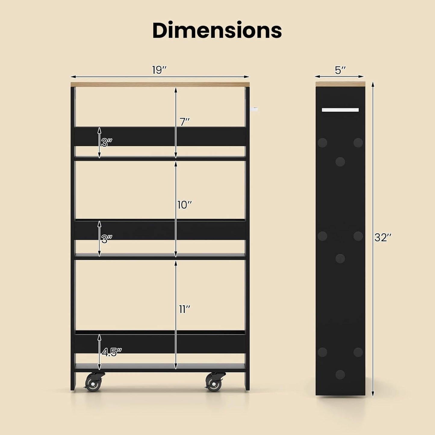 Small Kitchen Cart, 4-Tier Slim Rolling Island w/Handle, Laundry Room Storage Organizers Between Washer and Dryer, Narrow Spice Rack on Wheels Next to Fridge (Black, 5'')