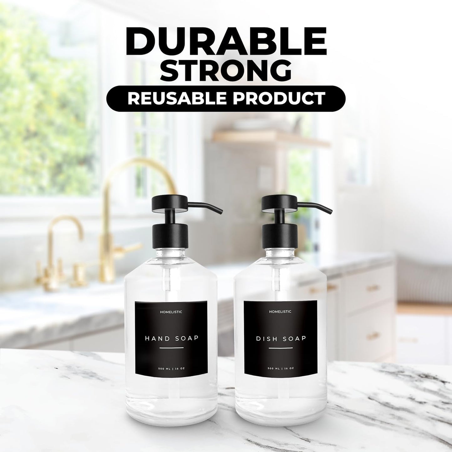 Luxury Glass Soap Dispenser Set of 2 - Elegant Clear Glass Bottles with Matte Black Stainless Steel Pumps, Kitchen Soap and Bathroom Hand Soap Dispenser, Perfect Pump All Homes.