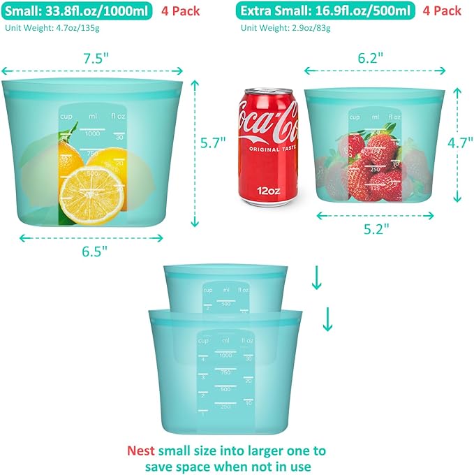 Reusable Sandwich & Snack Bags, 8 Pack 100% Silicone Food Storage Bags Stand Up Zip Lock for Food Container, Freezer Microwave Oven Dishwasher Safe, 4 Small 4 Extra Small, Aqua