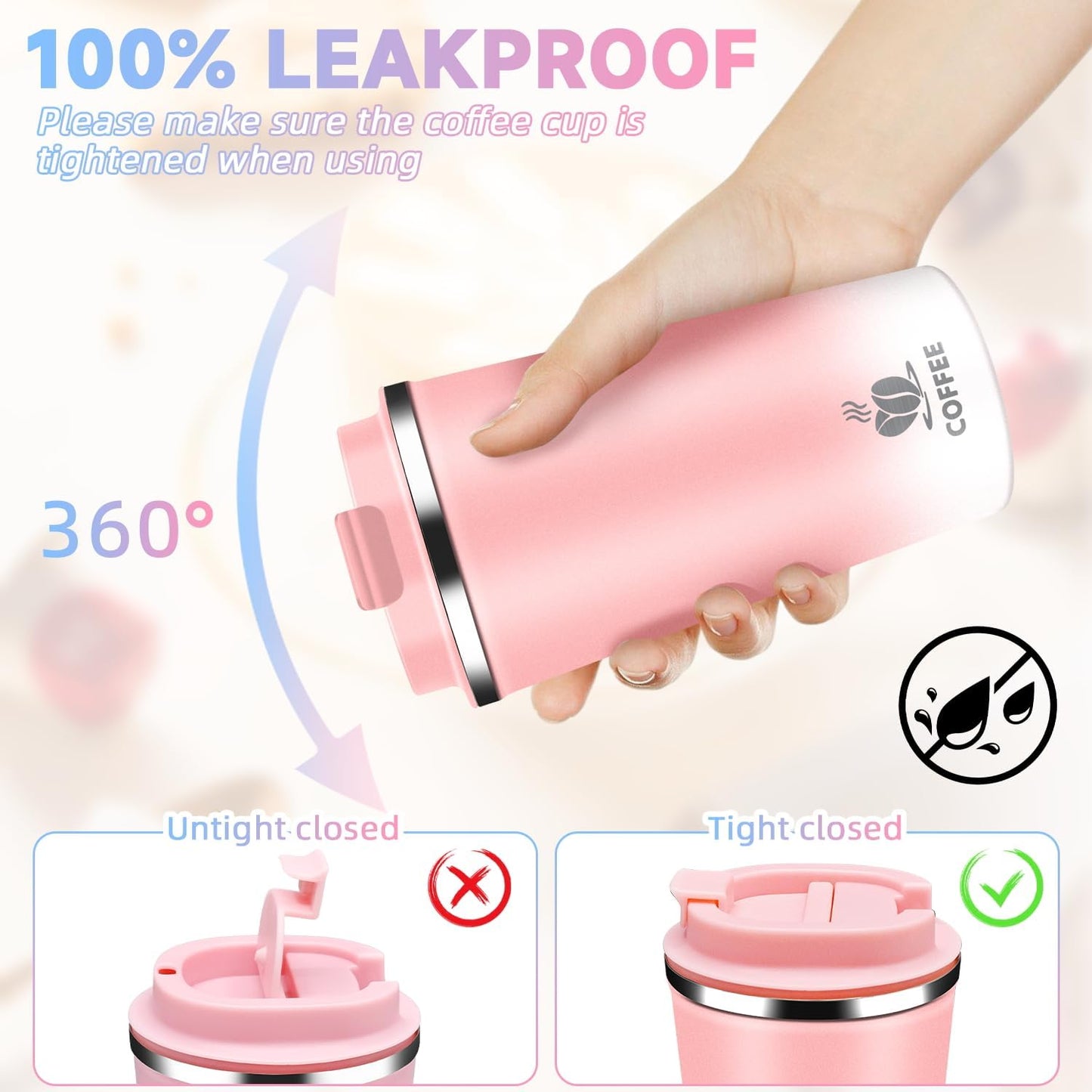 Insulated Travel Coffee Mug Reusable Coffee Tumbler Cup with Flip Lid Leak Proof Spill Proof for Office School Party Camping Hot and Cold Drink,Stainless Steel 17oz (Pink White)