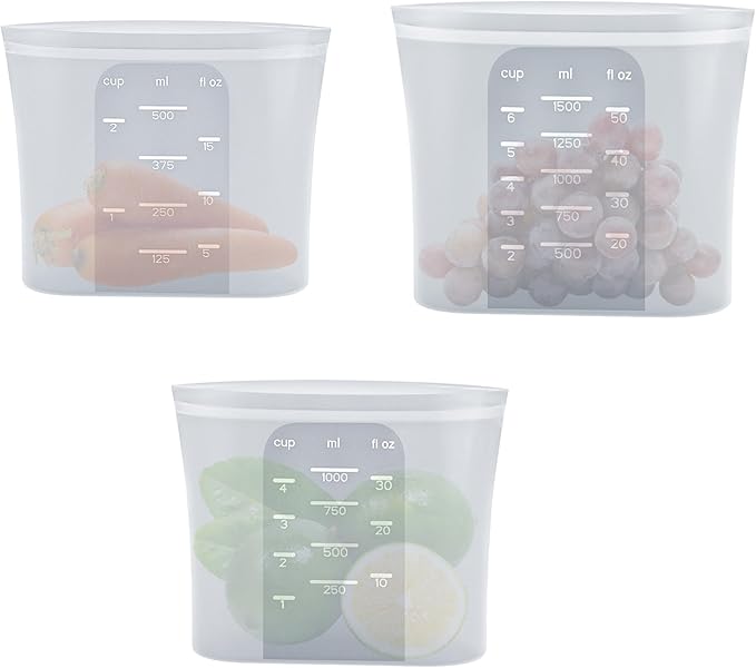 Platinum Silicone Food Storage Bag Reusable Silicone Freeze Bag Snack Bag, Wide Base Stand-up, White Translucent, 3pcs BPA Free Freezeable Microwaveable Dishwasher, Christmas Gift