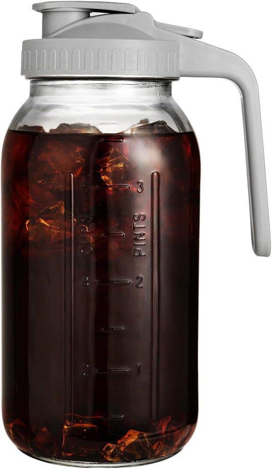64 oz Glass Pitcher with Lid for Fridge, Half Gallon Pitcher with Lid, Leak Proof, Wide Mouth, 1/2 Gallon Glass Juice Jug for Ice Tea and Coffee (Gray)