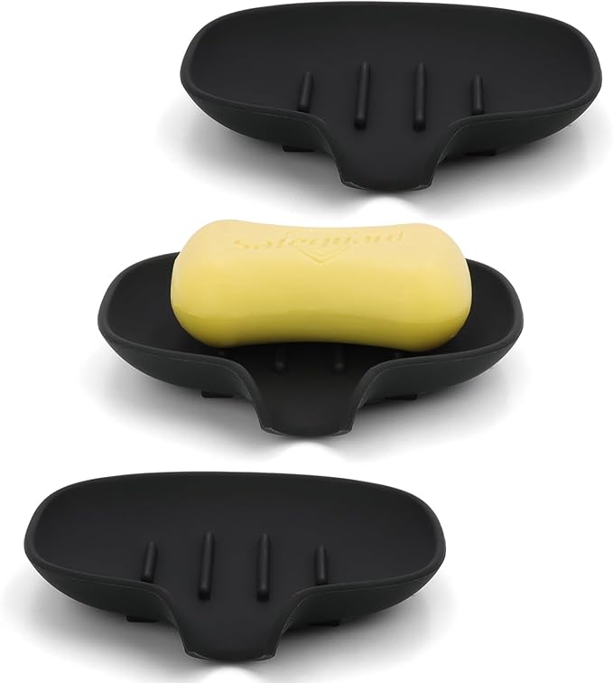 3 Pack Soap Dish, Soap Dishes for Bathroom, Shower, Silicone Soap Bar Holder, Soap Tray for Kitchen, BPA-Free, Dishwasher Safe (Black)