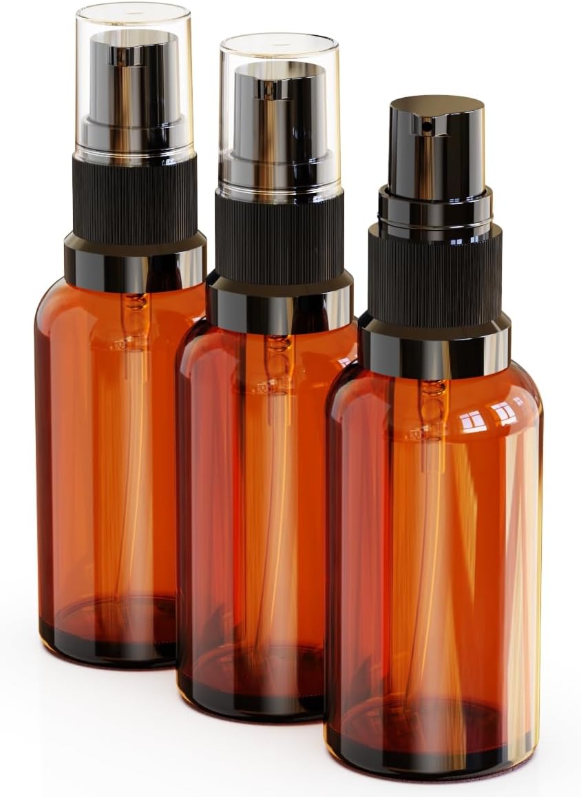 12Pack 1oz Amber Glass Pump Bottles, 30ml with Black Pump, Empty Refillable Travel Small Container For Lotion Cream Essentil Oil Shampoo (1oz)