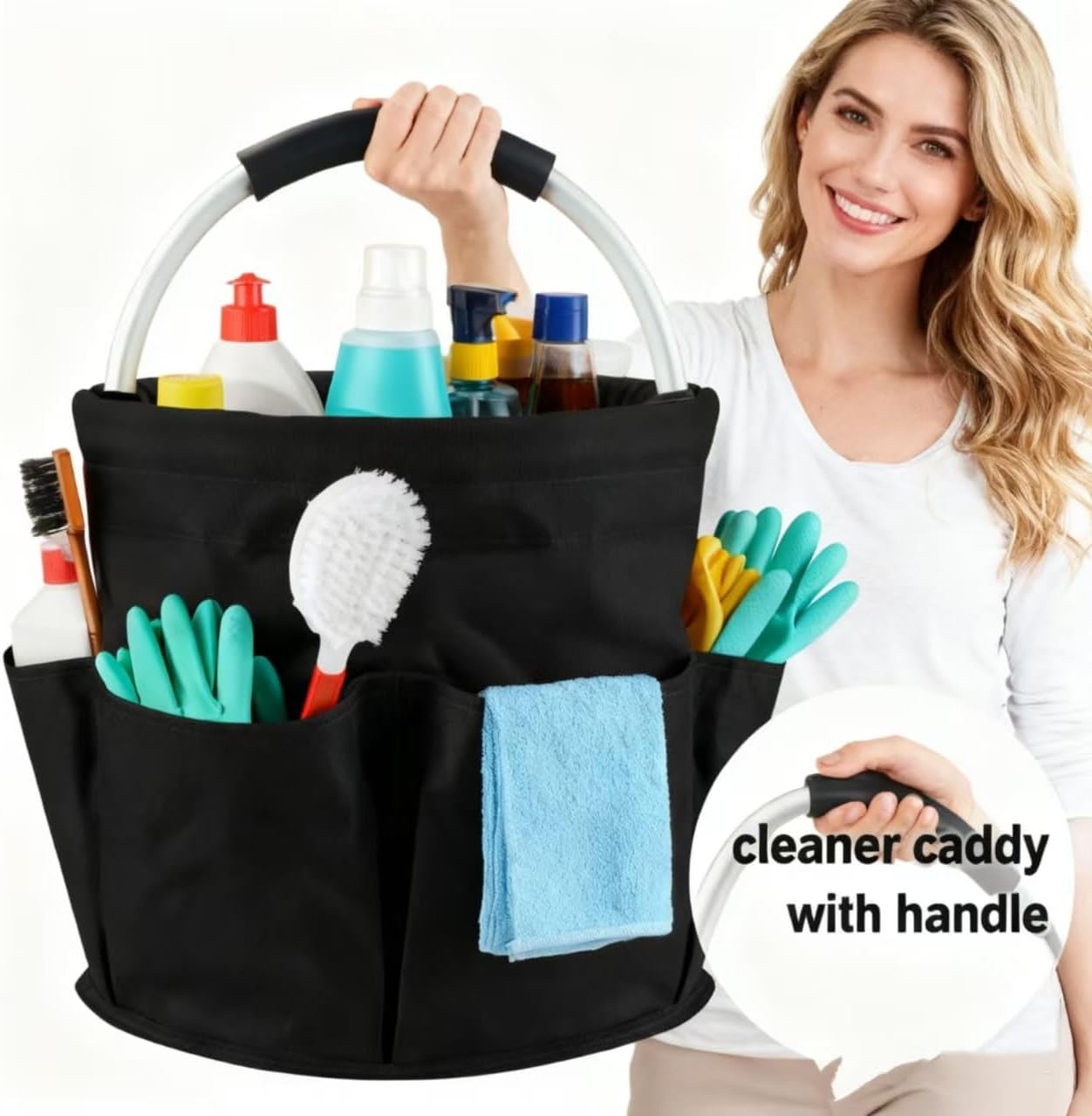 17L Cleaning Caddy With Handle, Foldable Storage Cleaning Product Organizer, Cleaning Caddy Organiser, Outdoor Camping，Portable Multifunctional Cleaning Bucket tool Bag Organizer (black)