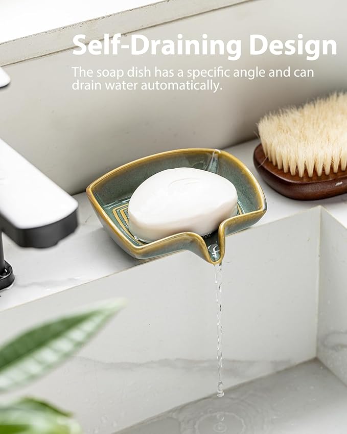 Self Draining Soap Dish, Ceramic Drain Soap Holder Waterfall Design Soap Saver for Shower, Bathroom, Sink, Kitchen and Countertop, Keeps Dry, Blue and Green