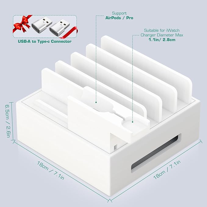 Bamboo Charging Station for Multiple Devices - Darfoo Family Charging Station with 7 USB Ports and 1 Stand for Watch-Earbud, 7 Short Charging Cables, White