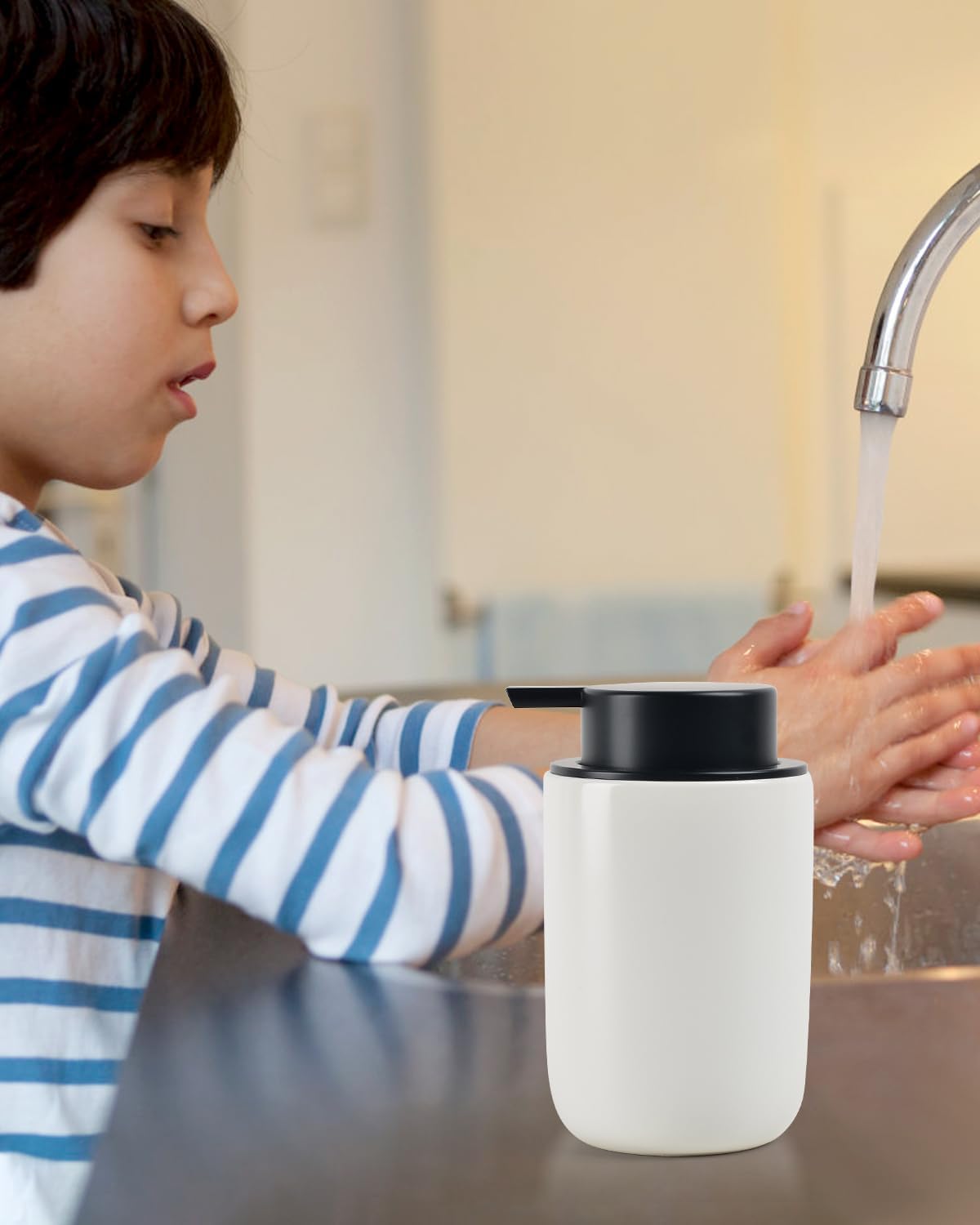 BosilunLife Foaming Soap Dispenser - Ceramic White Soap Dispenser Bathroom Small Foam Hand Dispenser Refillable Kitchen Dish Soap Bottle Hand Wash Dispenser