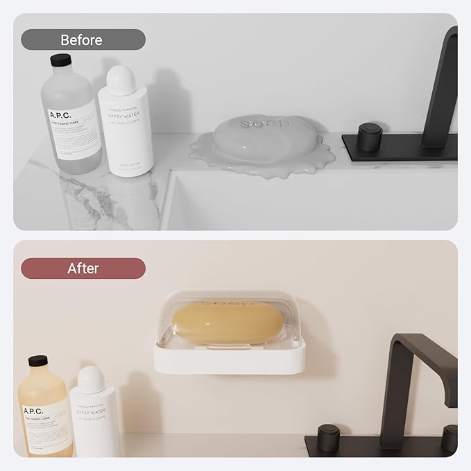 Wall Mounted Soap Holder - Set of 2, White Plastic with Clear Cover, Water Collection Tray, Bar Soap Dish Container Caddy with Lid for Bathroom, Shower, Kitchen Sink, Sponge Storage