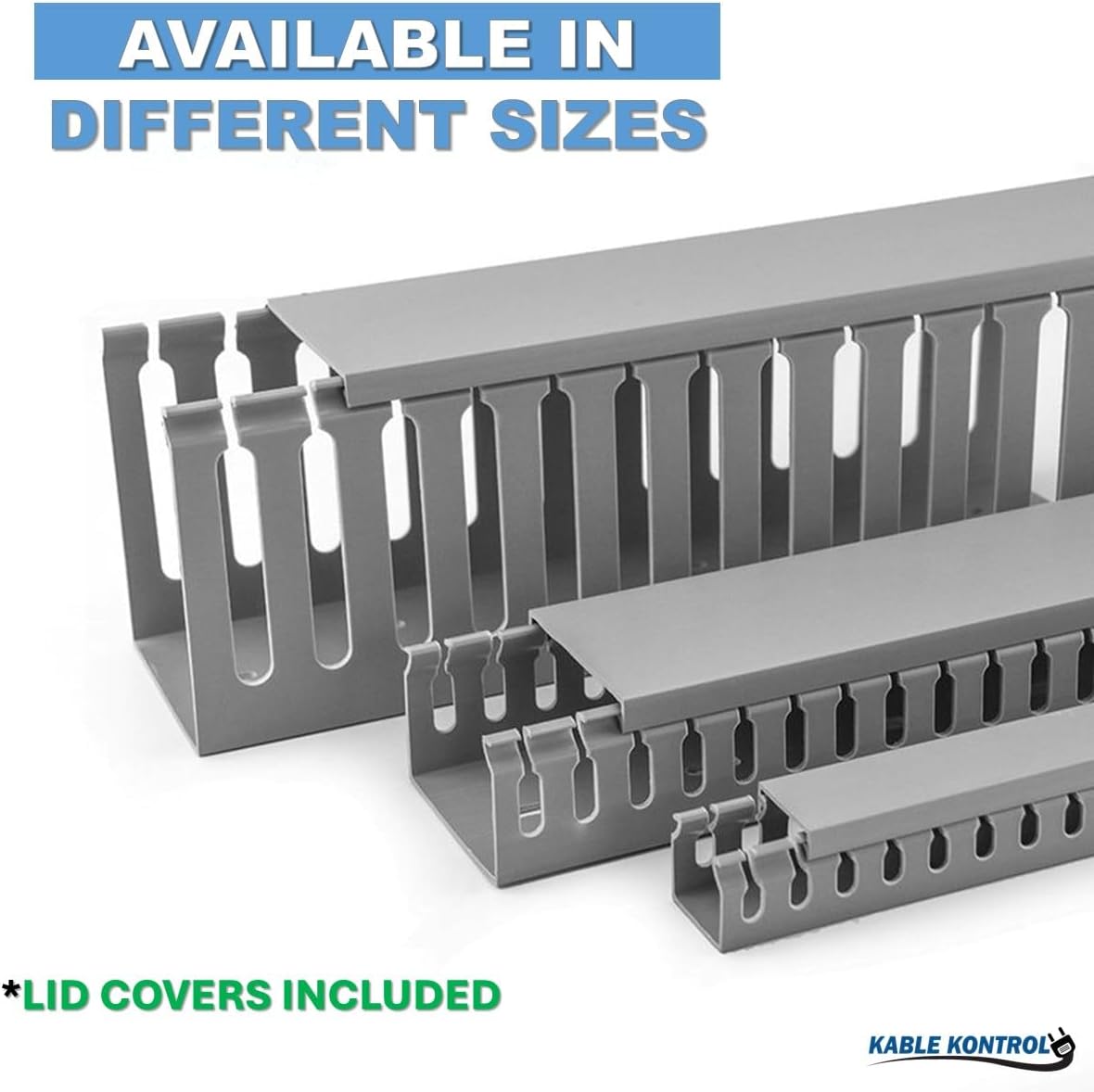 Kable Kontrol Wire Duct Open Slot Cable Raceway - 3” Width x 3” Height - 6.5 feet Long - 8 Pcs/Pack – Gray – PVC Wiring Trough Wire Cover Cord Hider for Under Desk Industrial Cable Management