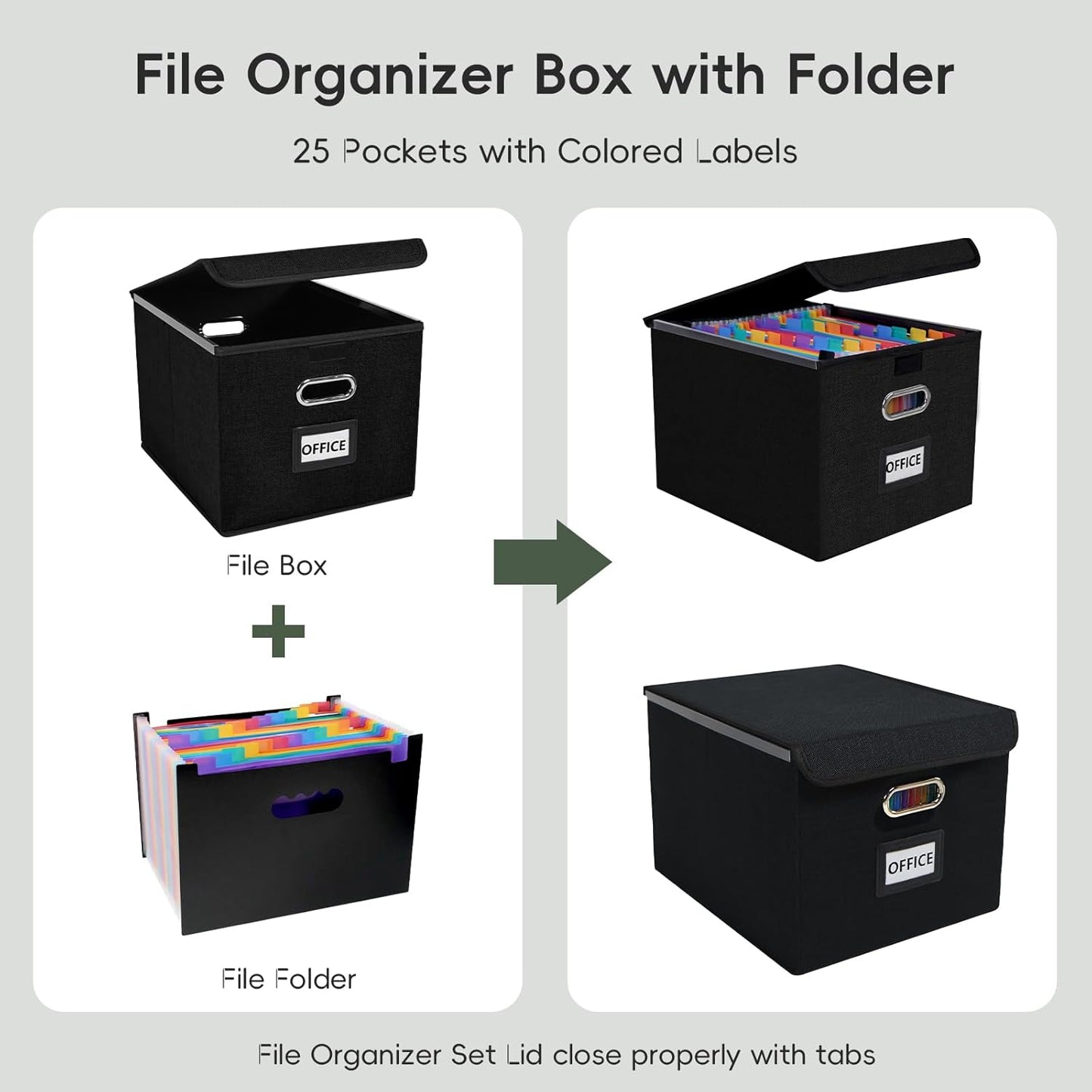 File Organizer Box with Folder, Accordion File Organizer 25 Pockets, File Folder Organizer with Lid for Home, Office, School, Black