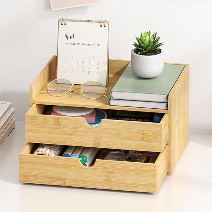 Wisuce Desk Organizer with Drawers - Bamboo Desktop Organizer Storage-Natural Wood Desk Drawers Organizer for Bills, Office Supplies, Cosmetics, Seals No Assembly Required(2 drawers with Shelf)
