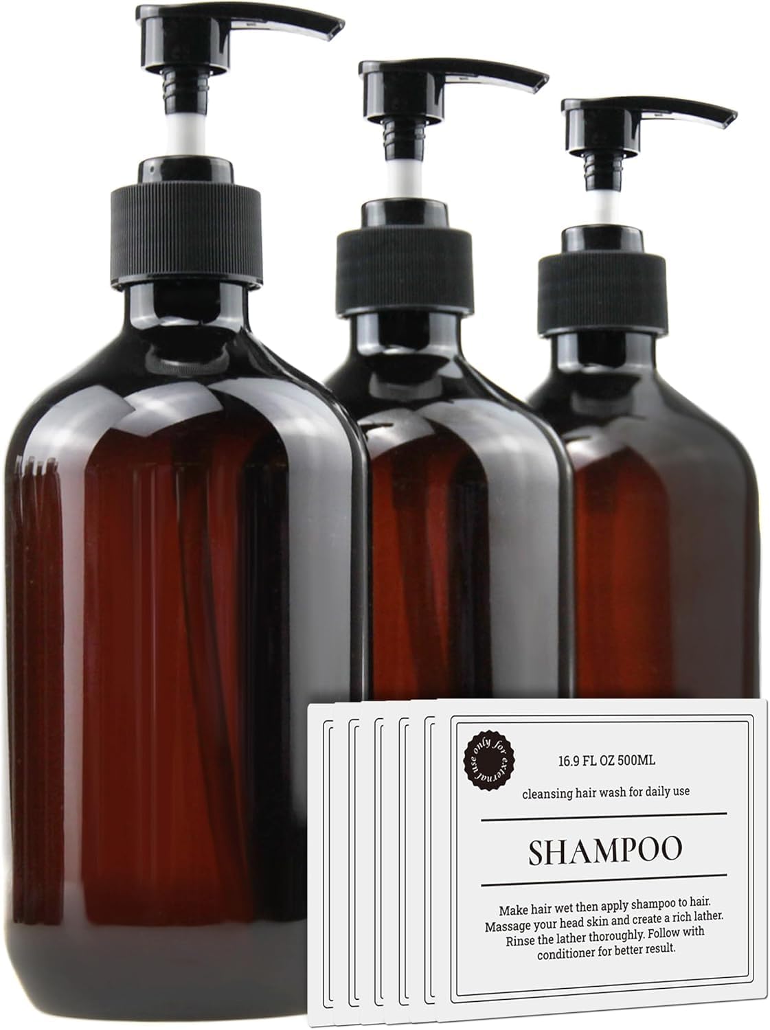 Empty Plastic Bottles with Pump Dispenser and Labels Included, Refillable Travel Containers for Hand sanitizer Shampoo Lotion, etc - BPA/Paraben Free, 500ml/16.9oz (Amber, 3 Pack)