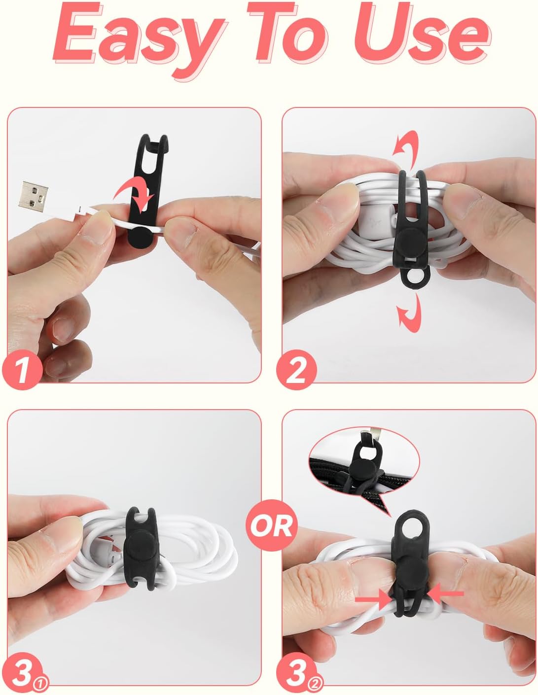 Kanemc 30-Pack Black Silicone Cable Ties Cord Organizer Reusable, Cord Wrap Wire Organizers Cable Strap for Electronics, Even As Curtain Tie Backs Bread Ties Cable Hook for Hanging