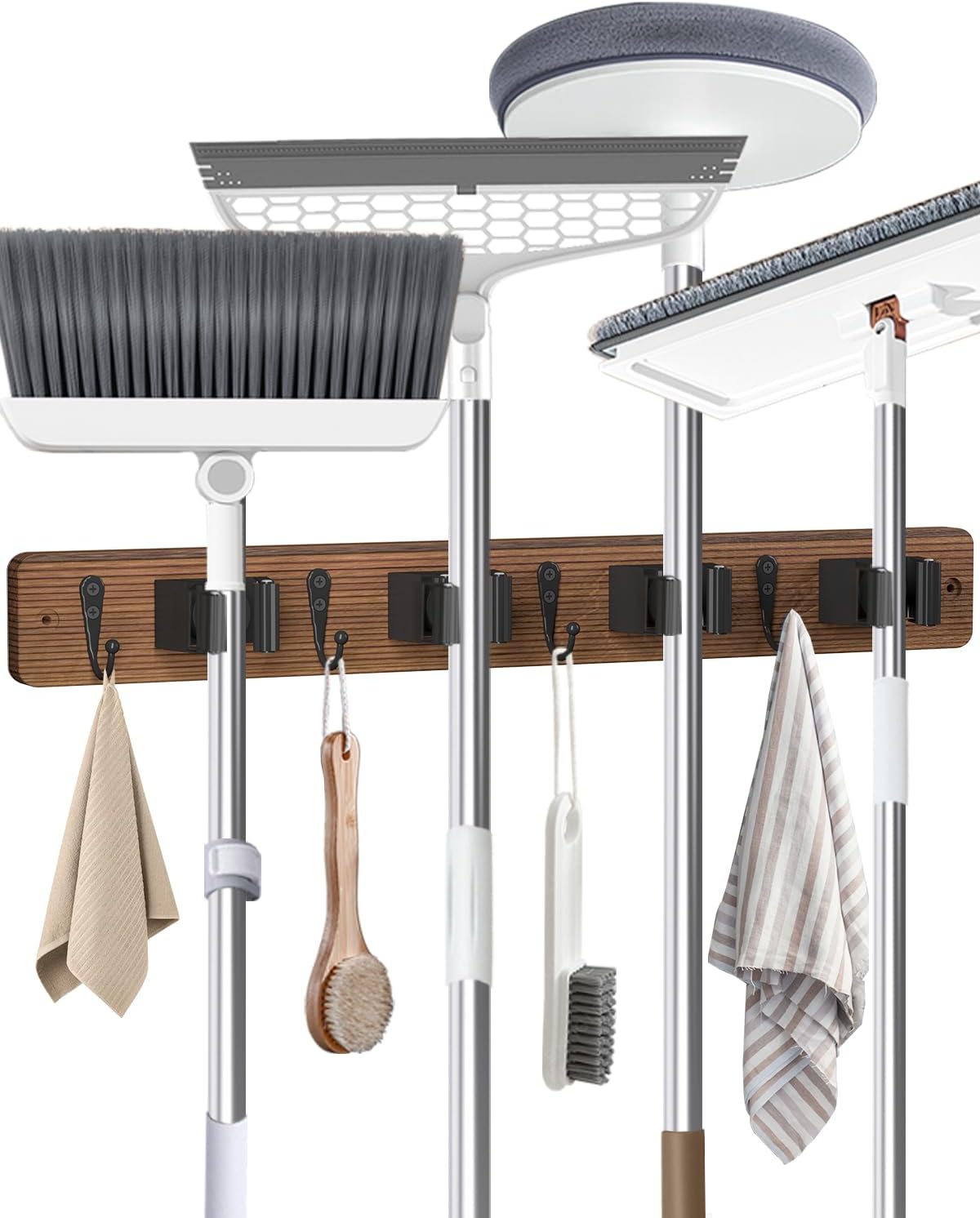 Broom Holder Wall Mounted, 4 Holders and 4 Hooks Mop Holder, Wooden Mop and Broom Holder with Anti slip rubber, Natural pine wood Brush Holder, Mop Wall Holde with Nail installation, Room Storage