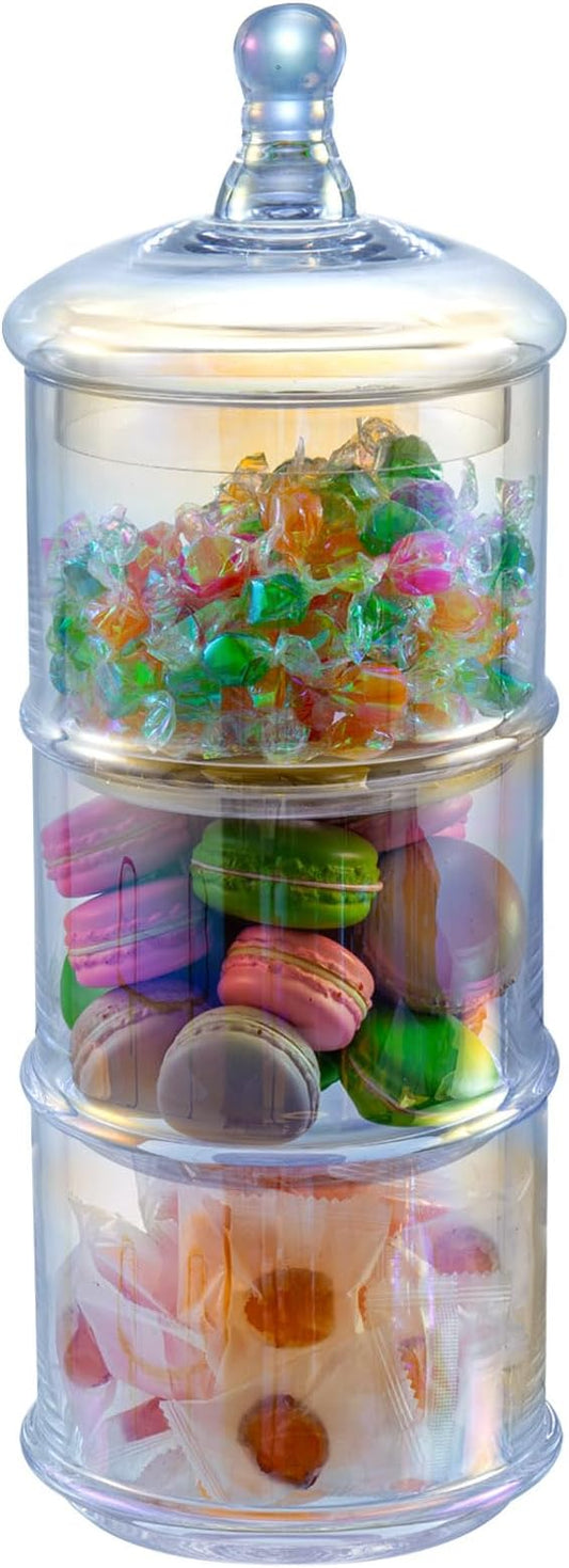 MyGift 16-Inch Modern 3-Tier Iridescent Rainbow Glass Apothecary Jars with Lids – Transparent Stacking Candy, Cookie, and Bathroom Storage Containers