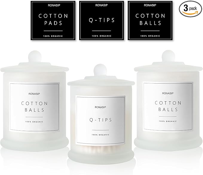 3 Pack Qtip Holder Dispenser, 16oz Bathroom Organizer and Storage Canisters, Glass Apothecary Jars with Lid - Home Decor, Room Decor Aesthetic (Frosted White)
