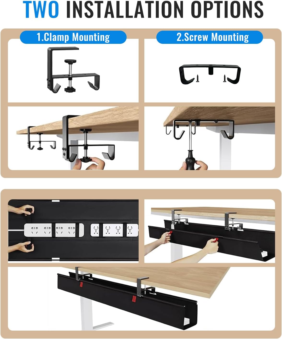 No Drill Cable Management Under Desk, 36" Cord Organizer for Table, Clamp/Screw Mount Cable Tray, Premium Black Fabric Desk Cord Management Tray for Office, Home (Large (36 Inch))