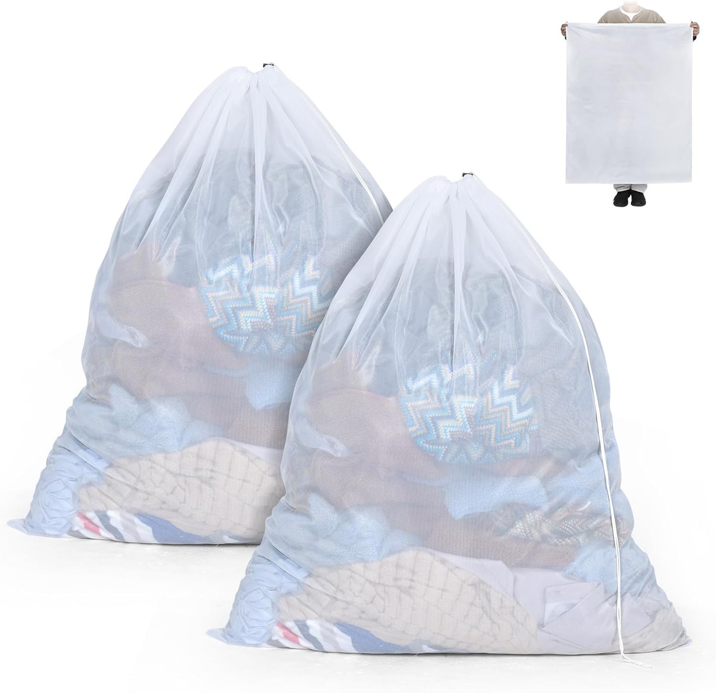 OTraki Ex-Large Mesh Laundry Bag 36x43 Inch Drawstring Laundry Wash Bags 2 Pack Dirty Clothes Net Laundry Bag Heavy Duty Travel Storage Organize Bag for Home Apartment Dorm Camp Hotel Beach, White