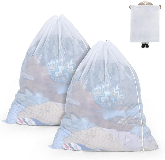 OTraki Ex-Large Mesh Laundry Bag 36x43 Inch Drawstring Laundry Wash Bags 2 Pack Dirty Clothes Net Laundry Bag Heavy Duty Travel Storage Organize Bag for Home Apartment Dorm Camp Hotel Beach, White
