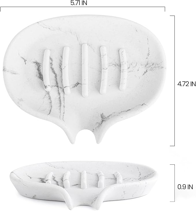 Soap Dish with Drain- Self Draining Bar Soap Holder for Shower, Marble Look Soap Savers Soap Tray Sponge Holder for Kitchen, Bathroom, Bathtub Sink, White