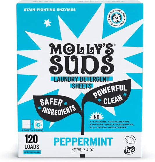 Molly’s Suds Laundry Detergent Sheets | Gentle on Sensitive Skin, Powerful Bio-Based Enzymes, Stain-Fighting | Liquidless & Plastic-Free Packaging | 120 Loads (Peppermint)