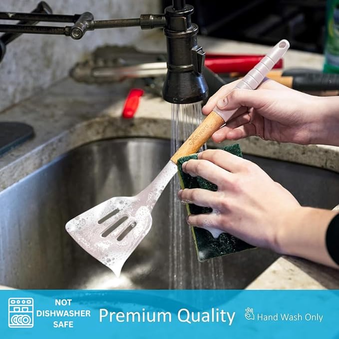 6 Pcs Cookward Silicone Cooking Utensils Set - Natural Wood Kitchen Utensils – Eco Friendly & BPA Free, Non-Scratch & Non-Stick Easy Grip -White