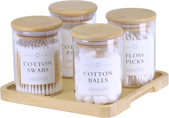 Qtip Holder with Vanity Tray - 4 Pack Glass Apothecary Jars with Lids, Cotton Ball Swab Pad Floss Pick Holder, Bathroom Organizers Jars Containers Canisters Accessories Set