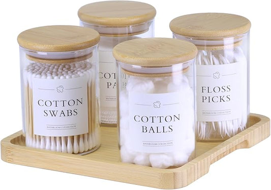 Qtip Holder with Vanity Tray - 4 Pack Glass Apothecary Jars with Lids, Cotton Ball Swab Pad Floss Pick Holder, Bathroom Organizers Jars Containers Canisters Accessories Set