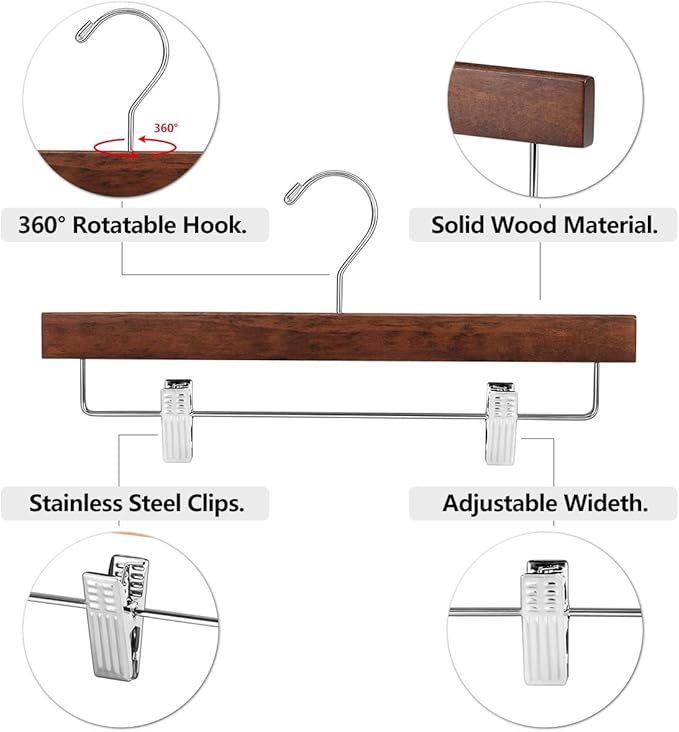AMKUFO 20pcs Wooden Pants Hangers Solid Pants Hangers with Adjustable Clips 14 Inch Walnut Wood Skirt Hangers Trousers Bottom Hanger with Non-Slip Clips and 360° Swivel Hook