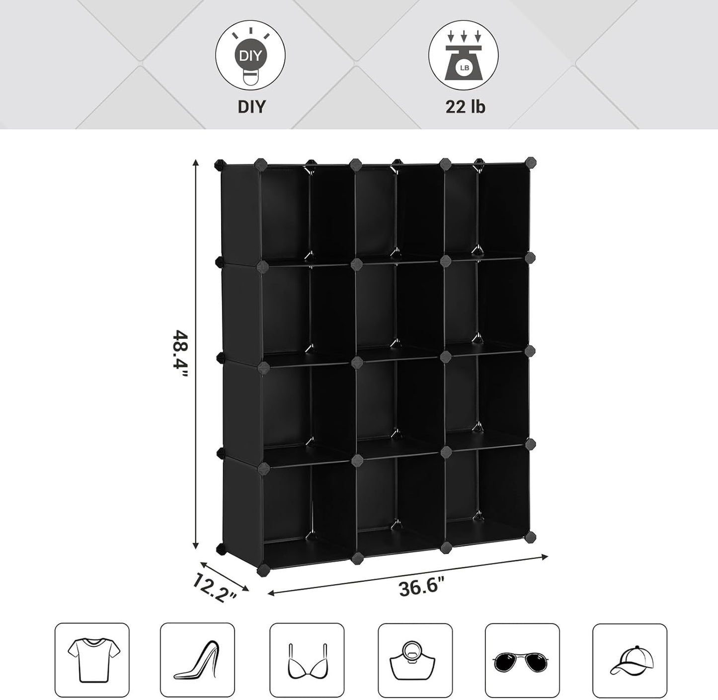 SONGMICS Cube Storage Organizer, Set of 12 Plastic Cubes, Book Shelf, Closet Organizers and Storage, Room Organization, Bedroom Living Room, 12.2 x 36.6 x 48.4 Inches, Black ULPC34BK