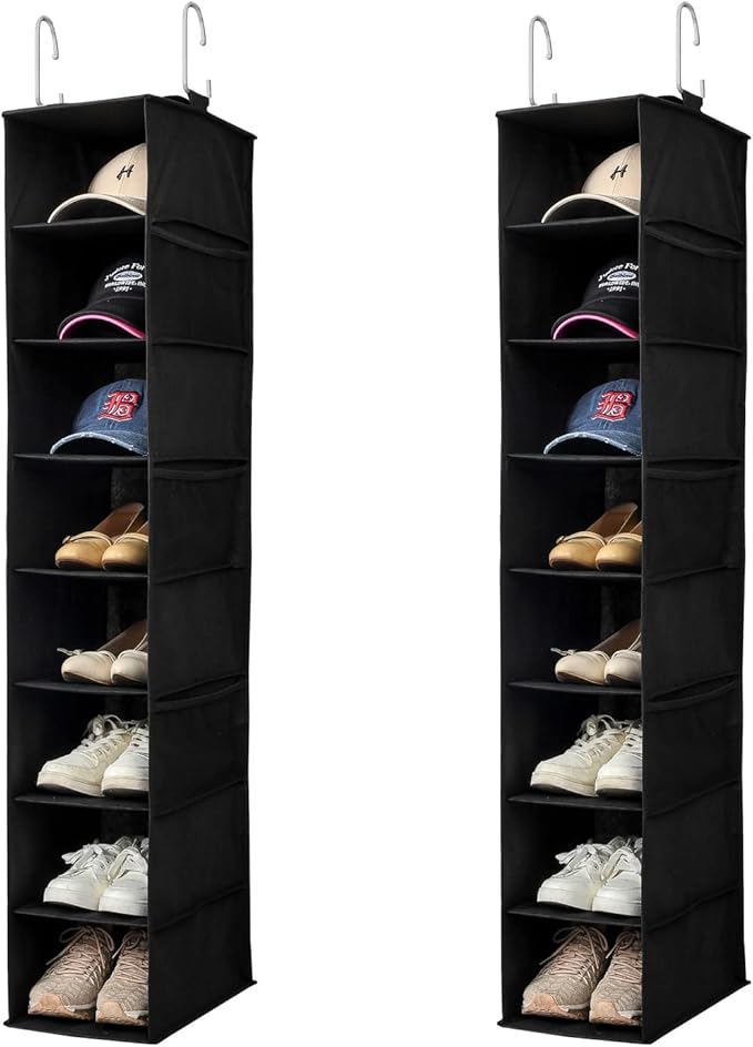Hanging Shoe Organizer for Closet with Side Mesh Pockets，Hat Racks for Baseball Caps，Shoe and Hat Holder & Storage，8-Shelf，Black，2 Pack