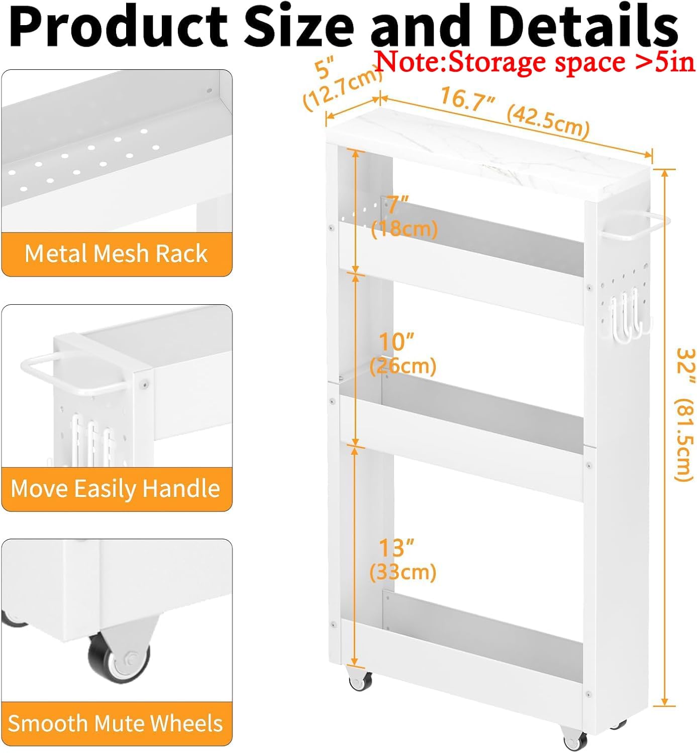 Slim Storage Cart, 5 in Width, 4-Tier White Rolling Cart with Handle & Wooden Top for Kitchen Bathroom Laundry Narrow Places