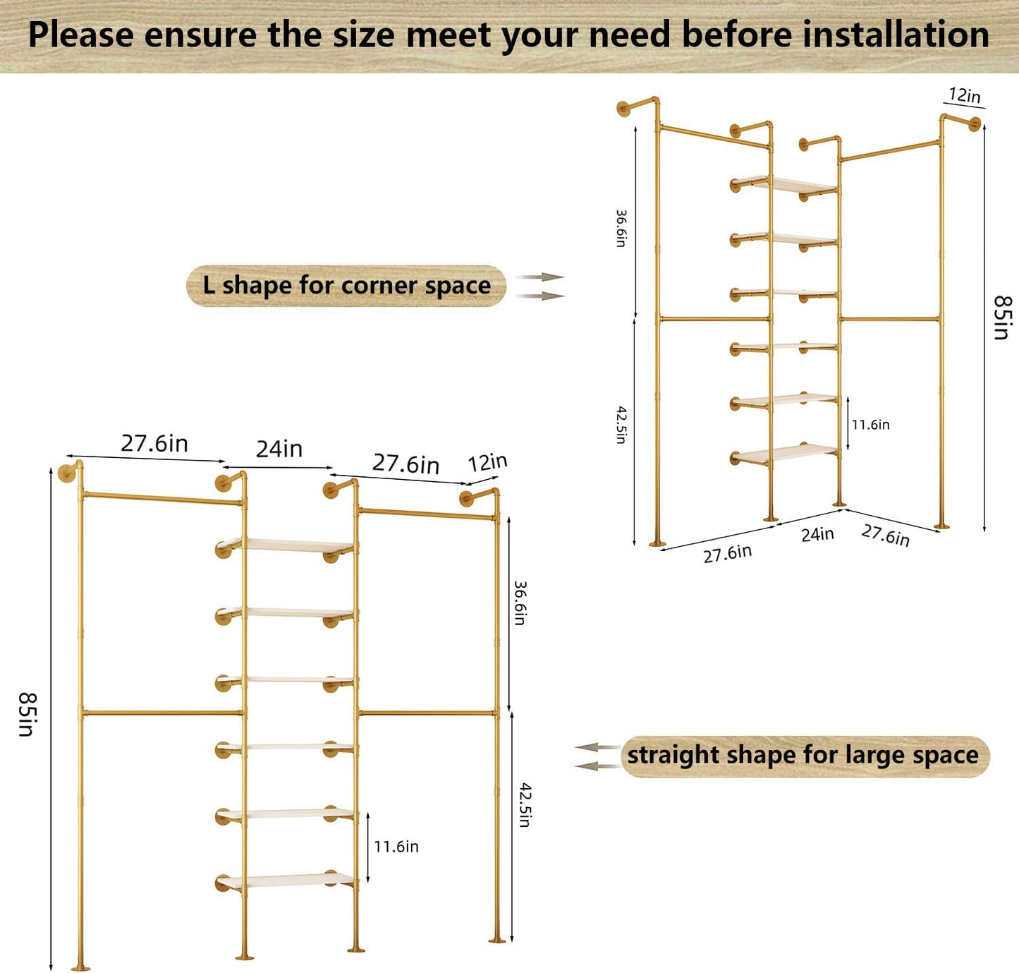 Industrial Pipe Clothes Rack, DÉCOR Wall Mounted Clothing Rack, for Walk-in Wardrobe Multi-Purpose Storage Clothes Hanging Shelf, 2 Installation Methods Gold