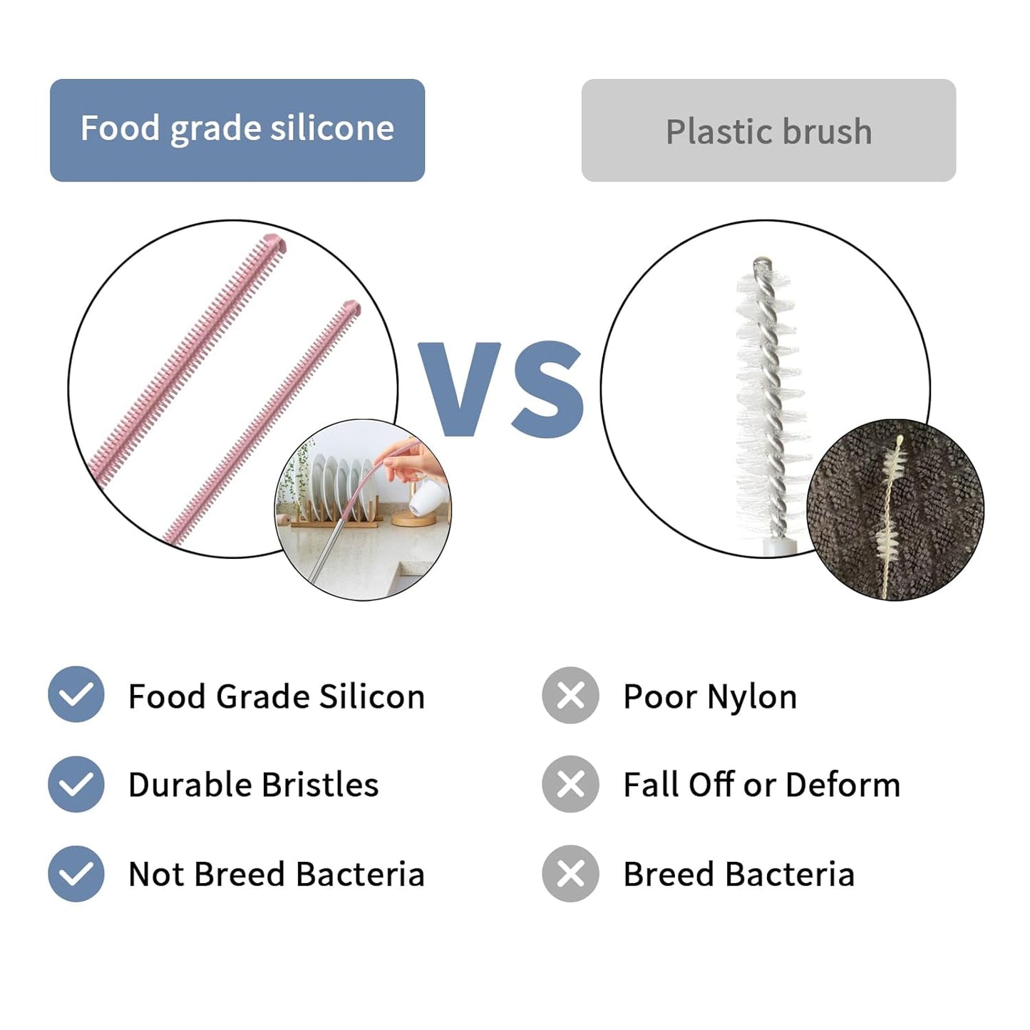 Reusable Silicone Straw Cleaner Brush Set, 2-Pack Extra Long Straw Cleaning Brush for Metal Glass Water Bottle Drinking Straws, Flexible&Bendable Design, Dishwasher Safe, 6mm & 8mm Diameter