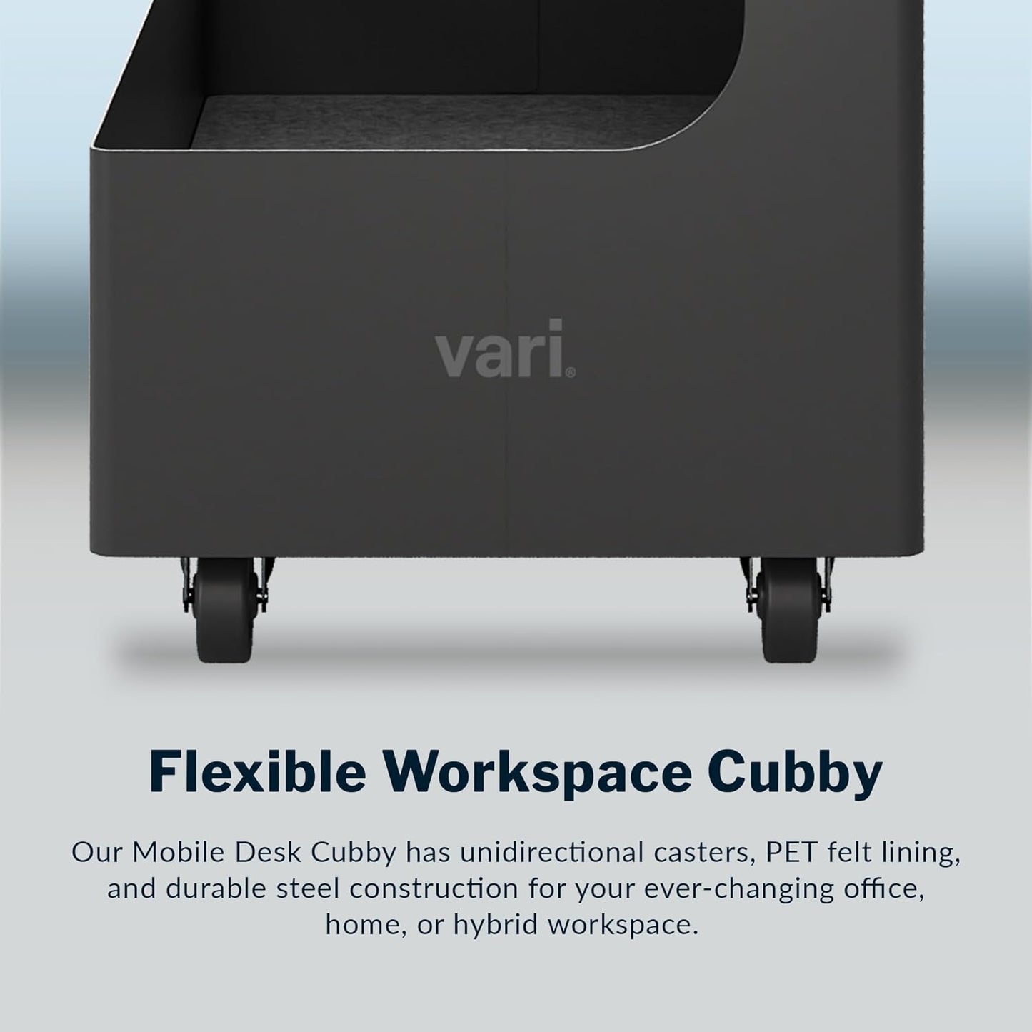 Vari Mobile Slim Under-Desk Cubby - Durable Steel & PET Felt Line - Open Storage & Easily Rolls - Dual Tier Office and Home Organizer Accessory - Black, 10” x 22” x 22”